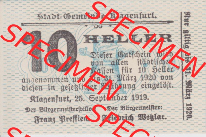 Notgeldscheine Kärnten Klagenfurt 10 Heller. Vorderseite des Notgeldscheins im online Katalog auf EMBMV zum katalogisieren der eigenen Sammlung für private Sammler und Historiker für... Sammlung