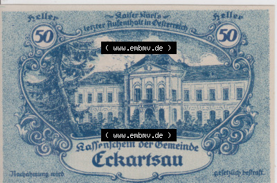 Notgeldscheine Niederösterreich Eckartsau 1920, 50 Heller. Vorderseite des Notgeldscheins im online Katalog auf EMBMV zum katalogisieren... Sammlung