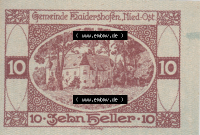 Notgeldscheine Niederösterreich Haidershofen 1920, 10 Heller. Vorderseite des Notgeldscheins im online Katalog auf EMBMV zum... Sammlung