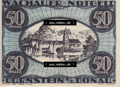 Notgeldscheine Niederösterreich Dürnstein 1920, 50 Heller. Vorderseite des Notgeldscheins im online Katalog auf EMBMV zum katalogisieren... Sammlung