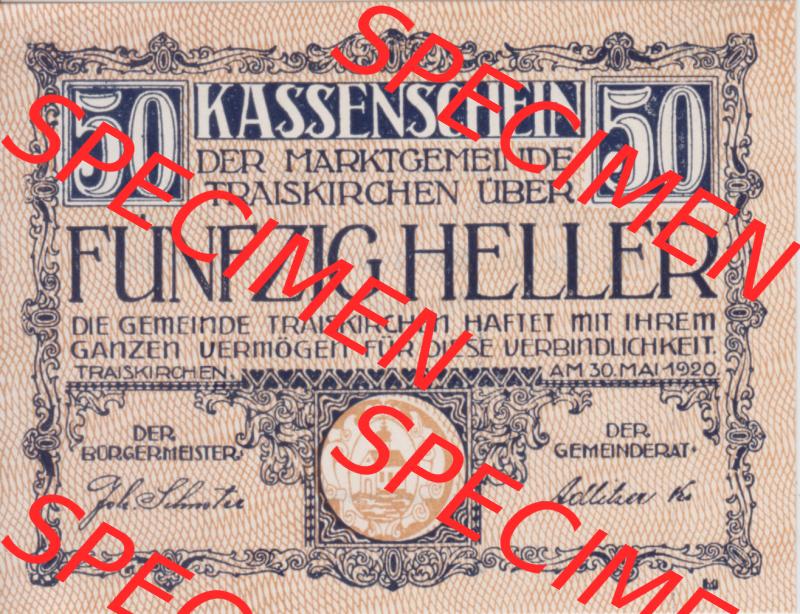 Notgeldscheine Niederösterreich Gemeinde Traiskirchen 1920, 50 Heller I. Vorderseite des Notgeldscheins im online Katalog auf EMBMV zum katalogisieren der eigenen Sammlung für private... Sammlung