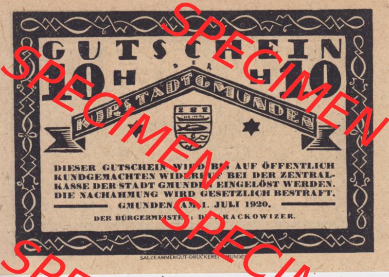 Notgeldscheine Oberösterreich Kurstadt Gmunden 1920, 10 Heller. Vorderseite des oberösterreichischen Notgeldscheins im online Katalog auf EMBMV zum katalogisieren der eigenen Notgeld-Sammlung... Sammlung