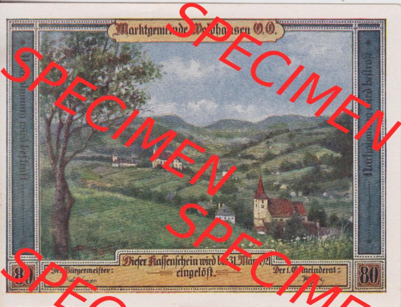 Notgeldscheine Oberösterreich Waldhausen im Strudengau 1921, 80 Heller (1). Notgeld als Gutschein der Oberösterreich Marktgemeinde Waldhausen, Notgeldscheine aus... Sammlung