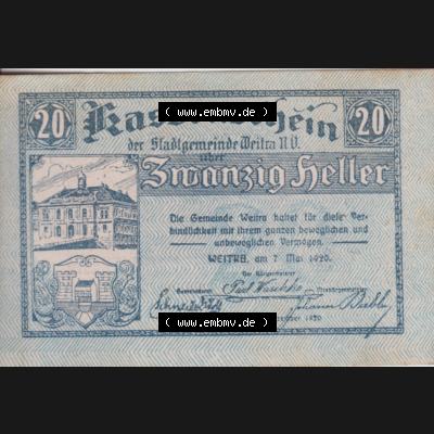 Notgeldscheine Niederösterreich Stadt-Gemeinde Weitra 1920, 20 Heller. Vorderseite des Notgeldscheins im online Katalog auf EMBMV zum katalogisieren der eigenen Sammlung für private... Sammlung