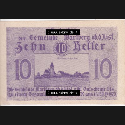 Notgeldscheine Oberösterreich Wartberg ob der Aist 1920-1920, 10 Heller violett (1). Notgeld Oberösterreich Gutschein der Gemeinde Wartberg ob der Aist, Notgeldscheine... Sammlung