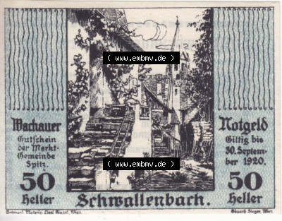 Notgeldscheine Niederösterreich Schwallenbach Wachauer Notgeld 1920, 50 Heller. Vorderseite des Notgeldscheins im online Katalog... Sammlung