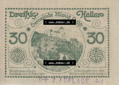 Notgeldscheine Vorarlberg Klaus 1920, 30 Heller 2. Auflage (1) Sammlung