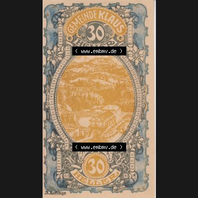 Notgeldscheine Vorarlberg Klaus 1920, II 30 Heller, 3. Auflage Ortsansichten (1) Sammlung