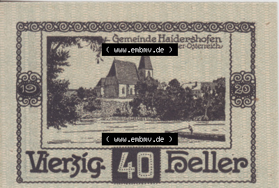 Notgeldscheine Niederösterreich Haidershofen 1920, 40 Heller. Vorderseite des Notgeldscheins im online Katalog auf EMBMV zum... Sammlung