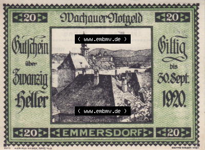 Notgeldscheine Niederösterreich Emmersdorf Wachauer Notgeld 1920, 20 Heller. Vorderseite des Notgeldscheins im online Katalog... Sammlung
