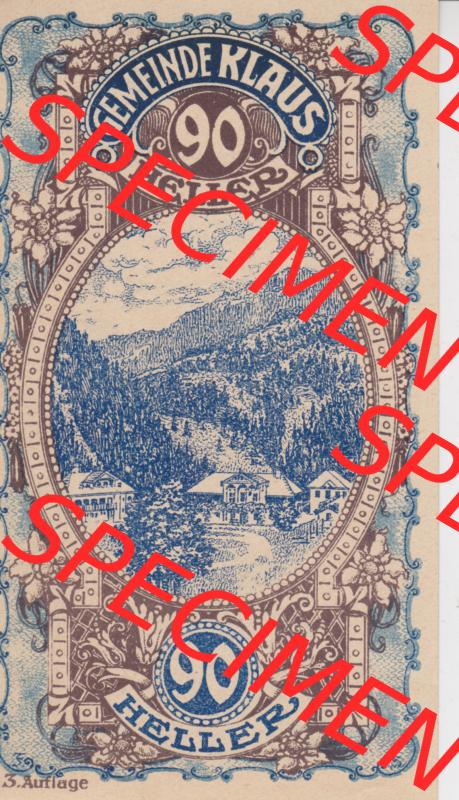 Notgeldscheine Vorarlberg Klaus 1920, III 90 Heller, 3. Auflage Ortsansichten (1) Sammlung