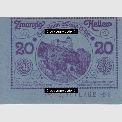 Notgeldscheine Vorarlberg Klaus 1920, 20 Heller in Blau, 2. Auflage (1) Sammlung