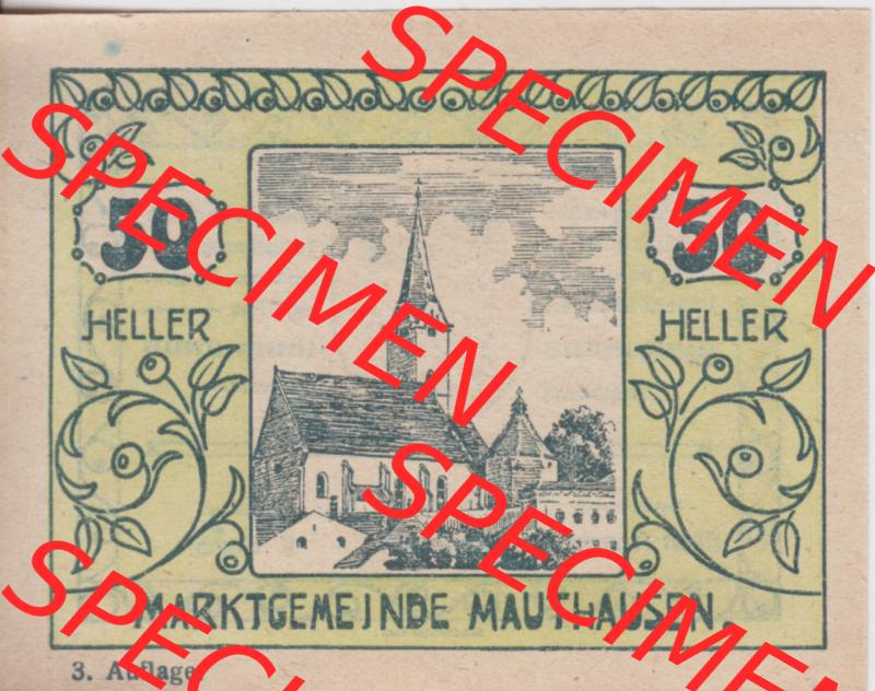 Notgeldscheine Oberösterreich Mauthausen 50 Heller I. Vorderseite des oberösterreichischen Notgeldscheins im online Katalog auf EMBMV zum katalogisieren der eigenen Notgeld-Sammlung Oberösterreich... Sammlung