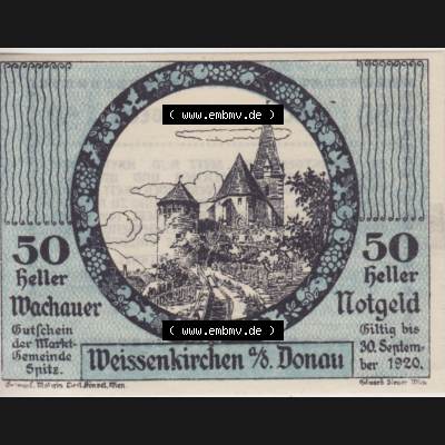 Notgeldscheine Niederösterreich Weissenkirchen in der Wachau, Wachauer Notgeld 1920, 50 Heller. Vorderseite des Notgeldscheins im online Katalog auf EMBMV zum katalogisieren der... Sammlung