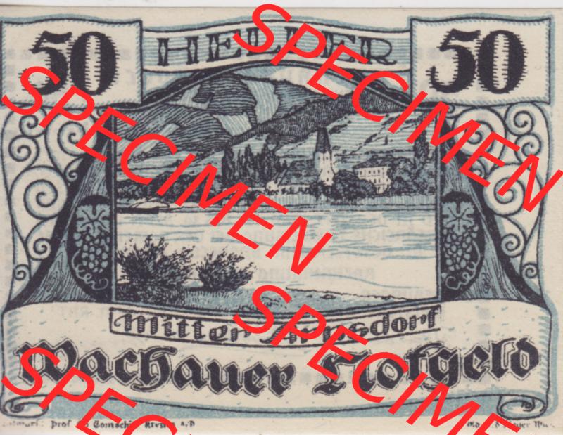 Notgeldscheine Niederösterreich Mitterarnsdorf Wachauer Notgeld 1920, 50 Heller Wachauer Notgeld. Vorderseite des Notgeldscheins im online Katalog auf EMBMV zum katalogisieren der eigenen... Sammlung