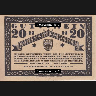 Notgeldscheine Oberösterreich Kurstadt Gmunden 1920, 20 Heller. Vorderseite des oberösterreichischen Notgeldscheins im online Katalog auf EMBMV zum katalogisieren der eigenen Notgeld-Sammlung... Sammlung