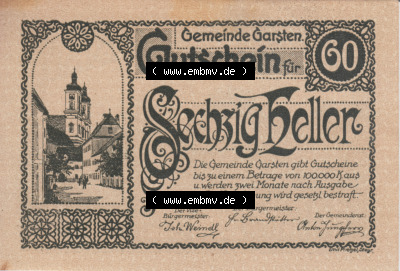 Notgeldscheine Oberösterreich Gemeinde Garsten 60 Heller. Vorderseite des oberösterreichischen Notgeldscheins im online Katalog... Sammlung