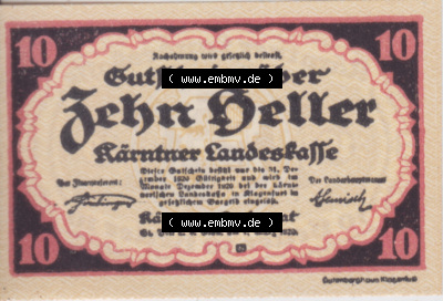 Notgeldscheine Kärnten Kärntner Landeskasse 1920, 10 Heller. Vorderseite des Notgeldscheins im online Katalog auf EMBMV zum... Sammlung