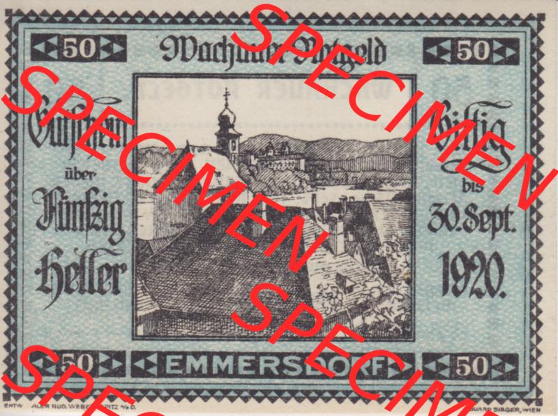 Notgeldscheine Niederösterreich Emmersdorf Wachauer Notgeld 1920, 50 Heller. Vorderseite des Notgeldscheins im online Katalog auf EMBMV zum katalogisieren der eigenen Sammlung für... Sammlung