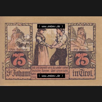 Notgeldscheine Tirol Sankt Johann in Tirol 1921, Auflage 2. 75 Heller (1) Sammlung