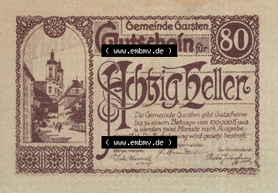 Notgeldscheine Oberösterreich Garsten, Gemeinde 192x, 80 Heller. Vorderseite des oberösterreichischen Notgeldscheins im online... Sammlung