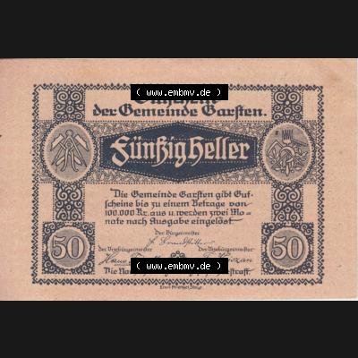 Notgeldscheine Oberösterreich Garsten, Gemeinde 192x, 50 Heller. Vorderseite des oberösterreichischen Notgeldscheins im online Katalog auf EMBMV zum katalogisieren der eigenen... Sammlung