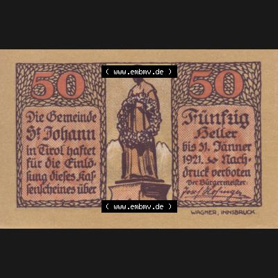 Notgeldscheine Tirol Sankt Johann in Tirol 1921, Auflage 2. 50 Heller (1) Sammlung