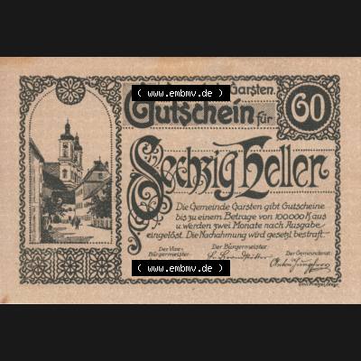 Notgeldscheine Oberösterreich Garsten, Gemeinde 192x, 60 Heller. Vorderseite des oberösterreichischen Notgeldscheins im online Katalog auf EMBMV zum katalogisieren der eigenen... Sammlung