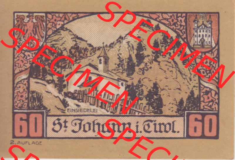Notgeldscheine Tirol Sankt Johann in Tirol 1921, Auflage 2. 60 Heller (1) Sammlung