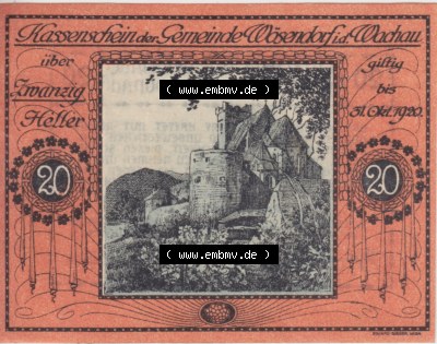 Notgeldscheine Niederösterreich Wösendorf Wachauer Notgeld 1920, 20 Heller. Vorderseite des Notgeldscheins im online Katalog... Sammlung