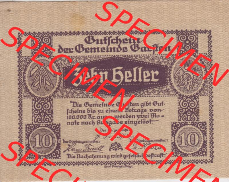 Notgeldscheine Oberösterreich Garsten, Gemeinde 192x, 10 Heller. Vorderseite des oberösterreichischen Notgeldscheins im online Katalog auf EMBMV zum katalogisieren der eigenen... Sammlung