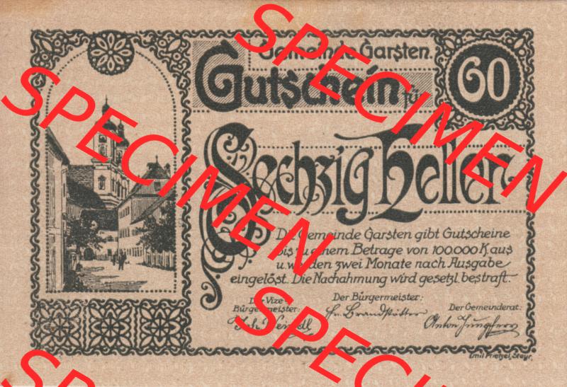Notgeldscheine Oberösterreich Garsten, Gemeinde 192x, 60 Heller. Vorderseite des oberösterreichischen Notgeldscheins im online Katalog auf EMBMV zum katalogisieren der eigenen... Sammlung