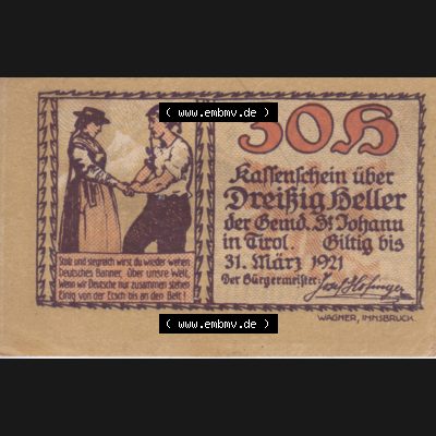 Notgeldscheine Tirol Sankt Johann in Tirol 1921, Auflage 6. 30 Heller (1) Sammlung