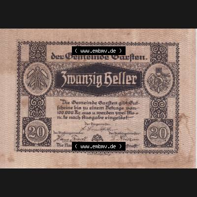 Notgeldscheine Oberösterreich Garsten, Gemeinde 192x, 20 Heller. Vorderseite des oberösterreichischen Notgeldscheins im online Katalog auf EMBMV zum katalogisieren der eigenen... Sammlung
