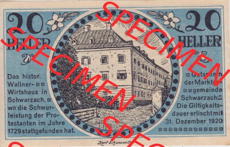 Notgeldscheine Salzburg Schwarzach im Pongau, Marktgemeinde 1920, 20 Heller (1). Notgeld Salzburg Marktgemeinde Schwarzach im Pongau, Notgeldscheine aus Salzburg im online... Sammlung