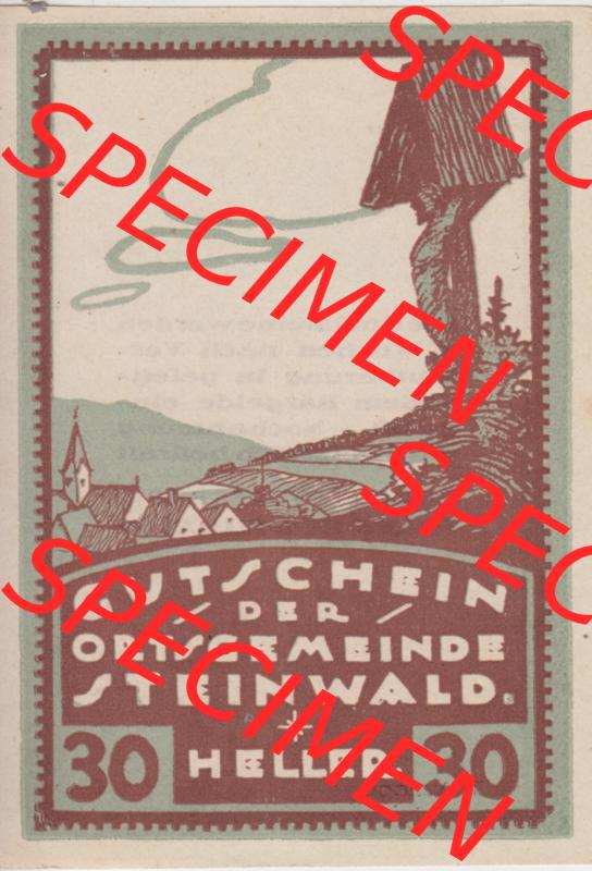 Notgeldscheine Oberösterreich Steinwald, Ortsgemeinde 192x, Auflage 1. I 30 Heller (1). Notgeld Oberösterreich Steinwald, Notgeldscheine aus Oberösterreich... Sammlung