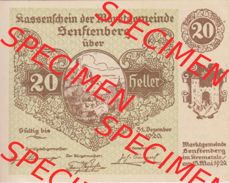 Notgeldscheine Niederösterreich Senftenberg Kassenschein 1920, Serie IV. 20 Heller (1) Sammlung