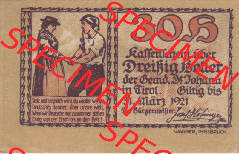 Notgeldscheine Tirol Sankt Johann in Tirol 1921, Auflage 6. 30 Heller (1) Sammlung