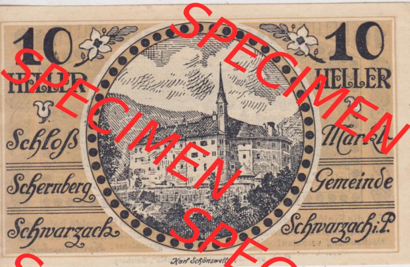 Notgeldscheine Salzburg Schwarzach im Pongau, Marktgemeinde 1920, 10 Heller (1). Notgeld Salzburg Marktgemeinde Schwarzach im Pongau, Notgeldscheine aus Salzburg im online... Sammlung