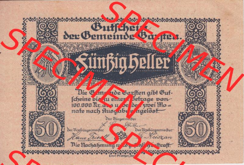 Notgeldscheine Oberösterreich Garsten, Gemeinde 192x, 50 Heller. Vorderseite des oberösterreichischen Notgeldscheins im online Katalog auf EMBMV zum katalogisieren der eigenen... Sammlung