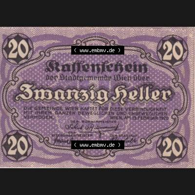 Notgeldscheine Wien 1920-1920, 20 Heller VI. Kassenschein (1) Sammlung