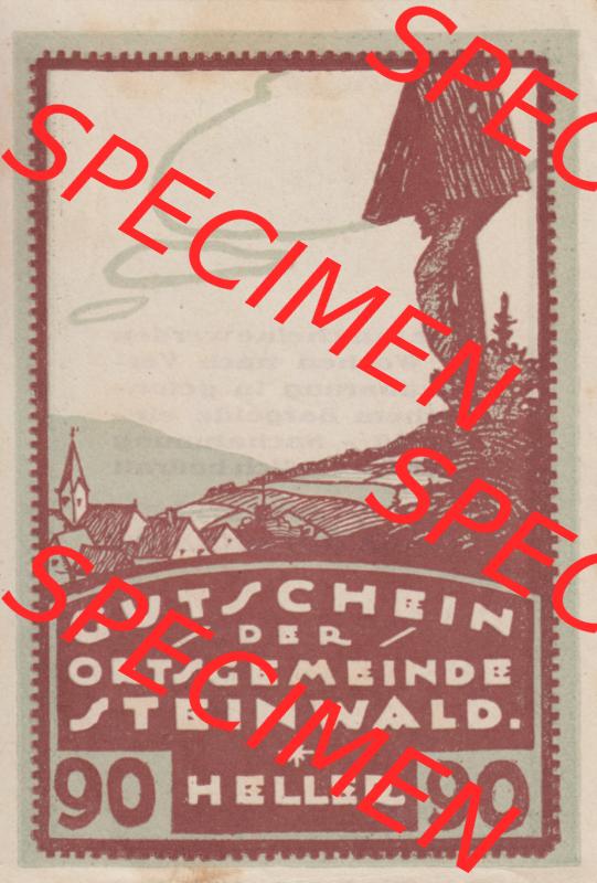 Notgeldscheine Oberösterreich Steinwald, Ortsgemeinde 192x, Auflage 1. I 90 Heller (1). Notgeld Oberösterreich Steinwald, Notgeldscheine aus Oberösterreich... Sammlung