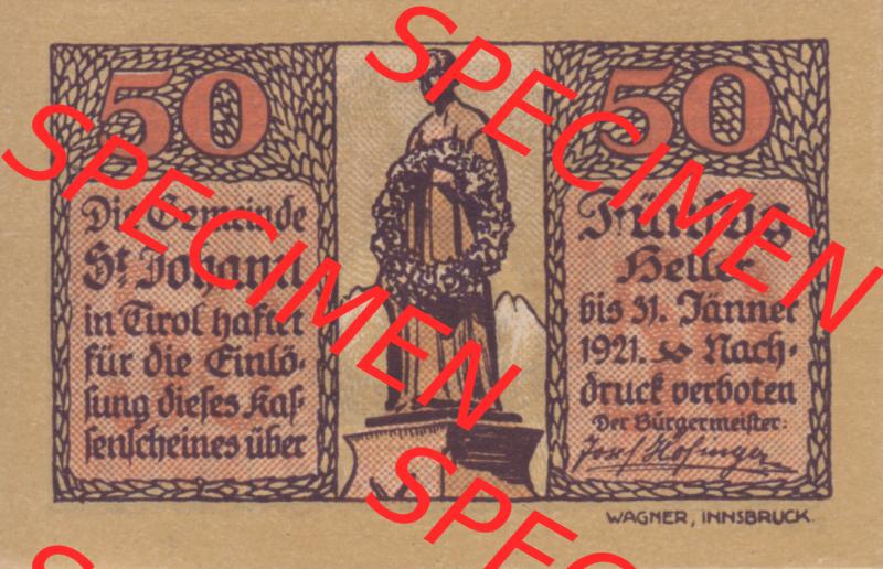 Notgeldscheine Tirol Sankt Johann in Tirol 1921, Auflage 2. 50 Heller (1) Sammlung
