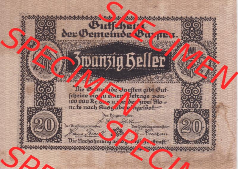Notgeldscheine Oberösterreich Garsten, Gemeinde 192x, 20 Heller. Vorderseite des oberösterreichischen Notgeldscheins im online Katalog auf EMBMV zum katalogisieren der eigenen... Sammlung