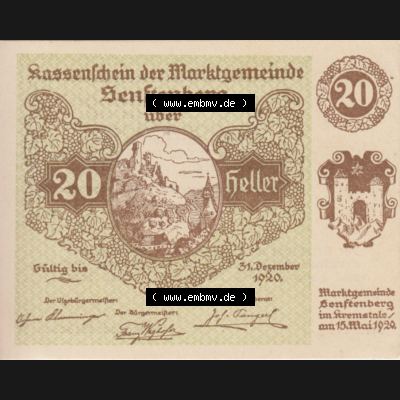 Notgeldscheine Niederösterreich Senftenberg Kassenschein 1920, Serie IV. 20 Heller (1) Sammlung