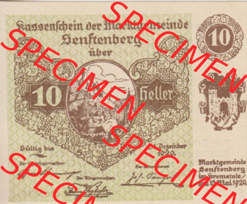 Notgeldscheine Niederösterreich Senftenberg Kassenschein 1920, Serie IV. 10 Heller (1) Sammlung