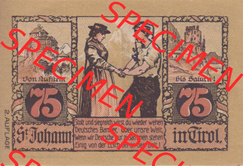 Notgeldscheine Tirol Sankt Johann in Tirol 1921, Auflage 2. 75 Heller (1) Sammlung