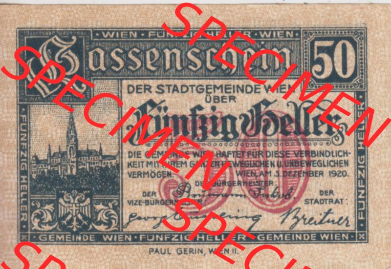 Notgeldscheine Wien 1920-1921, 50 Heller IV. Kassenschein (1) Sammlung