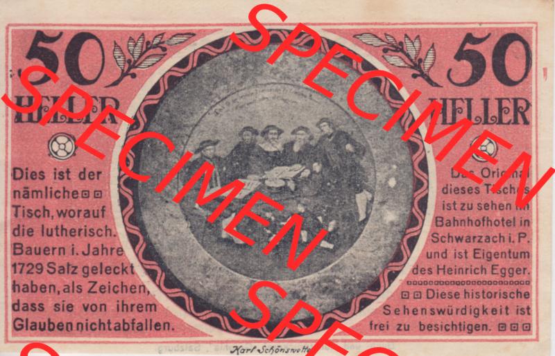 Notgeldscheine Salzburg Schwarzach im Pongau, Marktgemeinde 1920, 50 Heller (1). Notgeld Salzburg Marktgemeinde Schwarzach im Pongau, Notgeldscheine aus Salzburg im online... Sammlung