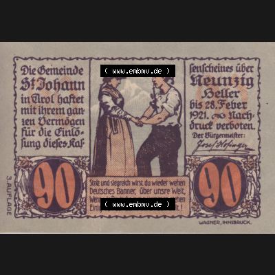 Notgeldscheine Tirol Sankt Johann in Tirol 1921, Auflage 3. 90 Heller (1) Sammlung
